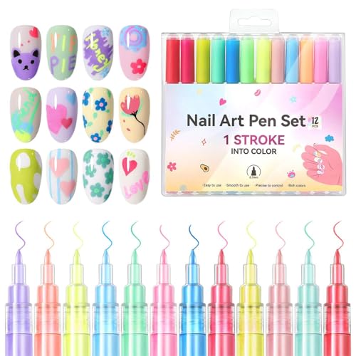 Nagellack Stift Set, 12x Schnelltrocknend Nagelkunststift, Präzisionsmalerei Polnische Sticks Flüssiger, Wasserdicht Maniküre Werkzeuge Nagelspitze Graffiti Dotting Liner Stift für Frauen von Yugugomo