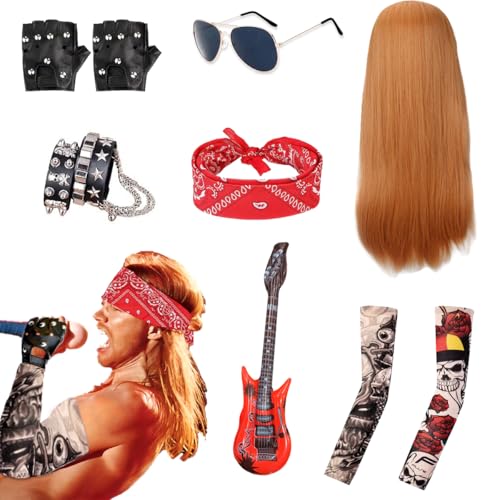 9 Stück Rocker Kostüm Herren, 80er 90er Jahre Rockstar Outfit Kinder Punker Karnevalskostüme Zubehör mit Perücke Gitar Bandana Handschuhen Sonnenbrillen Ärmel für Halloween Cosplay von YuhoWon