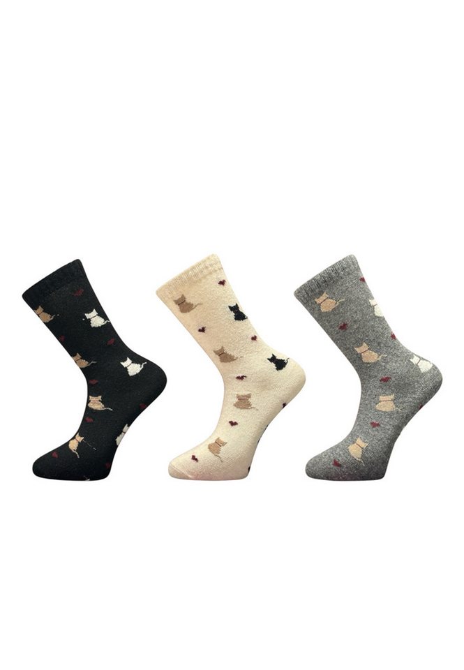 Yuhu Socken Damen Wollsocken mit Katzenmotiv im 3er Pack (3-Paar) von Yuhu