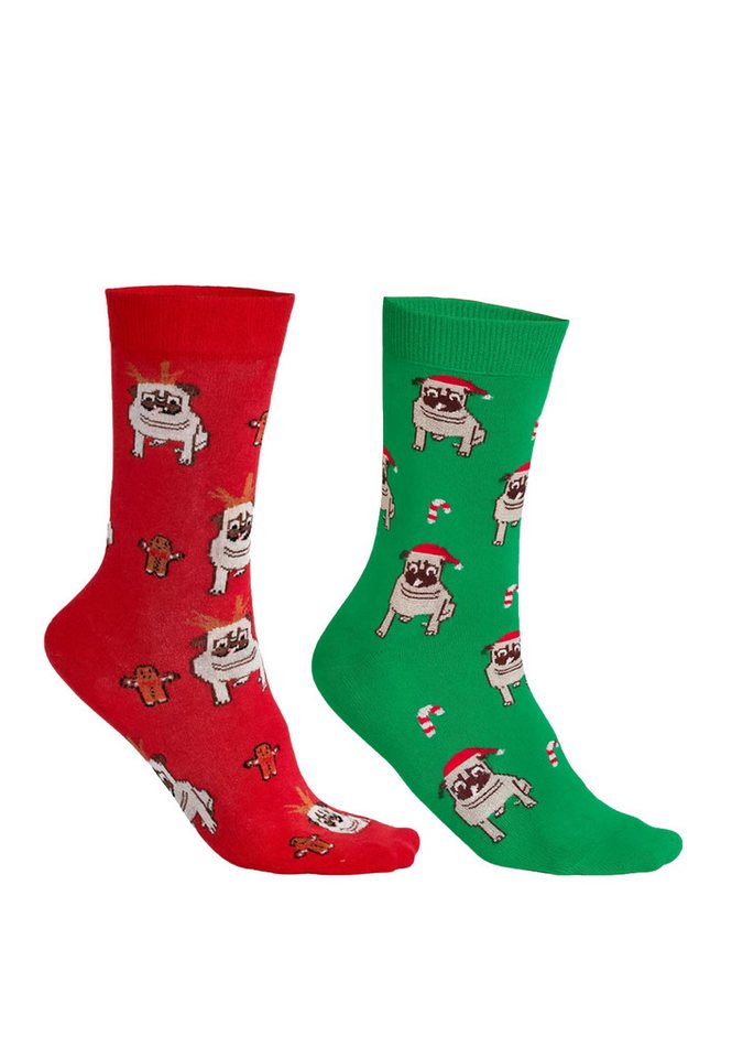 Yuhu Socken Weihnachtssocken mit Mops-Motiv 2er Pack Herren und Damen (2-Paar) von Yuhu