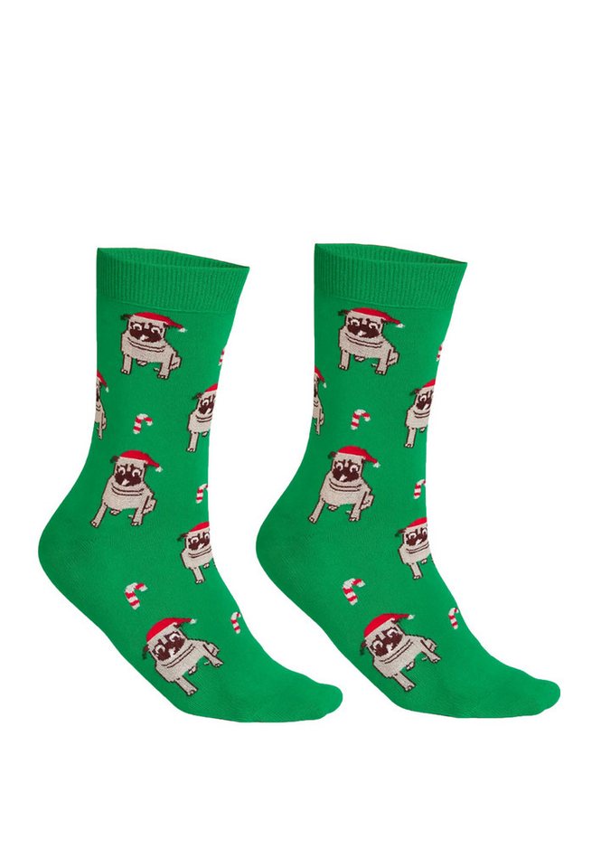 Yuhu Socken Weihnachtssocken mit Mops-Motiv 2er Pack Herren und Damen (2-Paar) von Yuhu