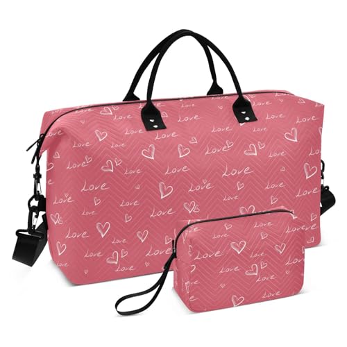 Große Tasche, Valentinstag, lustiger Schriftzug, Liebe, Herzen, Rosa, Wochenendtasche, Turnbeutel mit verstellbarem Riemen für Reisen, Lustiger Schriftzug "Love", Herzen, Rosa, Set of 2, Art Deco von Yuiboo