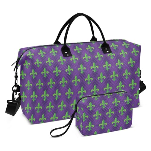 Mardi Gras Green Fleur de Lis Purple Duffel Bags Carry On Weekend Bag Gym Bag with Toiletry Bag for Trekking, Mardi Gras Green Fleur de Lis Purple, Set of 2, Art Deco von Yuiboo