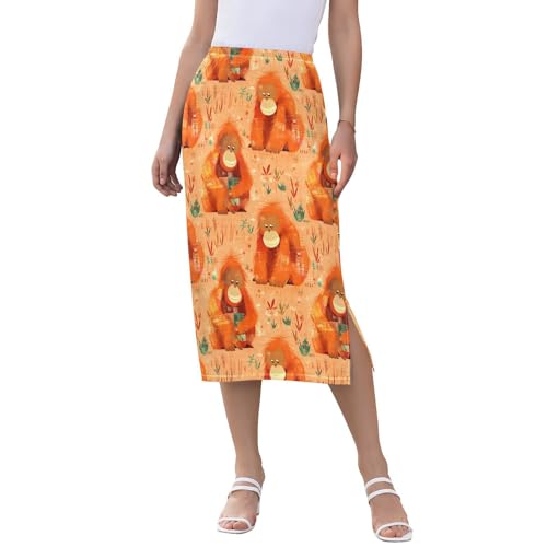 Orange Sienna Orangutans Damen Flowy High Waist Midi Sommerrock Sommer Midi Rock mit Schlitz, Orange Sienna Orang-Utans, Mittel von Yuiboo