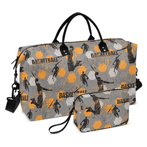 Reisetasche, Motiv: Basketballspieler, geometrisches Grunge-Design, Grau / Orange, für Übernachtung, Handgepäck, Reisetasche, Turnbeutel, Basketballspieler, geometrisch, Grunge, Grau / Orange, Set of von Yuiboo