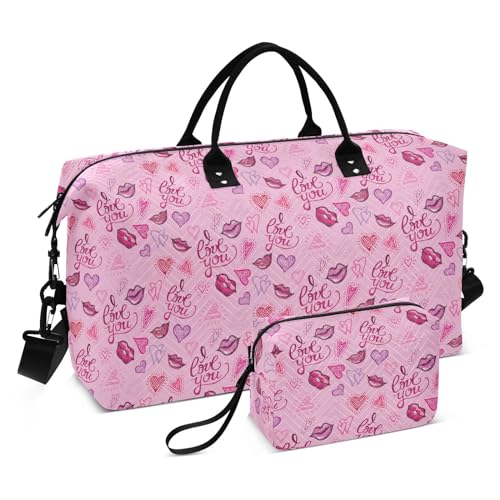 Reisetasche, Valentinstag, Love You, romantische Herzen, Lippen, Rosa, Wochenendreisen, Übernachtungstasche, Sport, Turnbeutel mit, Valentines Love You Romantische Herzen Lippen Rosa, Set of 2, Art von Yuiboo