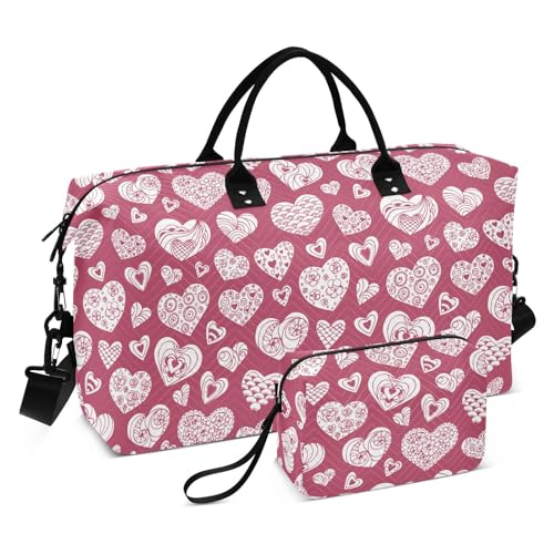 Reisetasche, Valentinstag, niedliche rosa Herzen, Geburtstag, Hochzeit, Handgepäck, persönliche Gegenstände, Sporttasche, Turnbeutel mit Kulturbeutel, Valentinstag niedliche rosa Herzen Geburtstag von Yuiboo