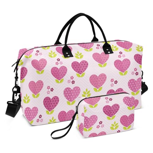 Seesäcke zum Valentinstag, rosa Herzen, Blumen, Blätter, Schultertasche, Wochenendtasche, Übernachtungstasche, Fitnessstudio, Sport, tragen mit, Valentinstag rosa Herzen Blumen Blätter, Set of 2, Art von Yuiboo