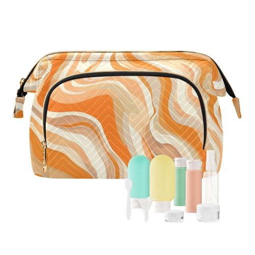 Yuiboo Kosmetiktasche für Damen, gewellt, mit Reißverschluss, groß, für Münzen, Kleingeld, für Toilettenartikel, Orange, Orange gewellte Flüssigkeit, 1 size, Art Deco von Yuiboo