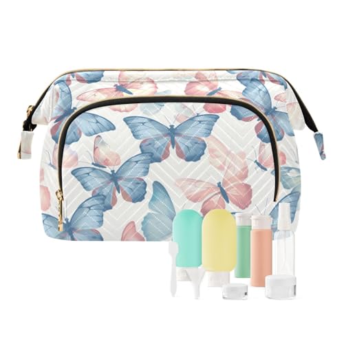 Yuiboo Kulturbeutel, wasserdicht, Kosmetiktasche für Damen, Kosmetiktasche für Damen, Pastellblau, Schmetterlinge, Rosa, cremefarben, Pastellblau Schmetterlinge Rosa Creme, 1 size, Art Deco von Yuiboo