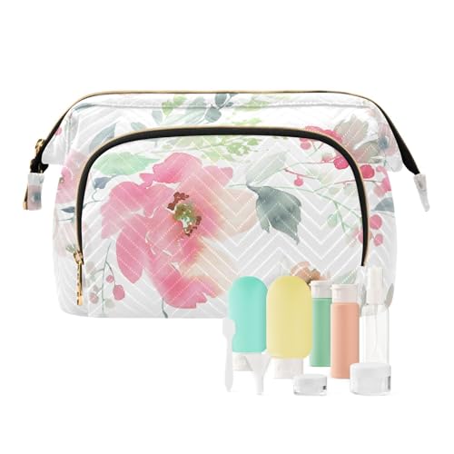 Yuiboo Kulturbeutel für Damen, Motiv: Sommer, Aquarell, Blumen, Rosa, leicht, groß, Kosmetiktasche, Münzgeldbörse für Karten, Schlüssel, Organizer, Sommer-Aquarellblumen, rosa, 1 size, Art Deco von Yuiboo