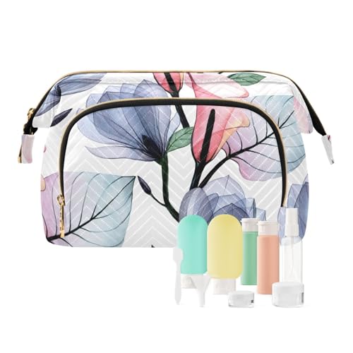 Yuiboo Kulturbeutel mit transparenten Blumen und Blättern, Magnolie, Rosa, Blau, Kulturbeutel, wichtige Kapazität, Reise-Kosmetiktasche, Damen, Münzgeldbörse für Kosmetik, Reisen, Transparente Blumen von Yuiboo