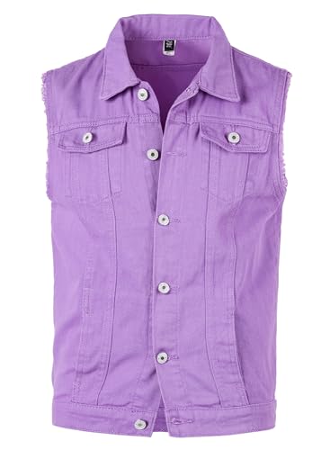 Yukirtiq Herren Ärmellose Denim Weste Zerrissene Jeansweste Retro Punk Jeans Weste Reisen Denim Jacke Freizeit Männer Jeansjacke, Lila, L von Yukirtiq