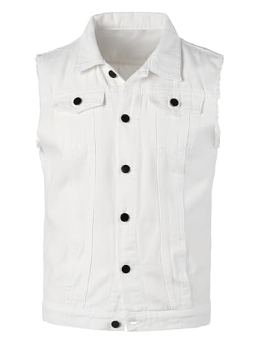 Yukirtiq Herren Ärmellose Denim Weste Zerrissene Jeansweste Retro Punk Jeans Weste Reisen Denim Jacke Freizeit Männer Jeansjacke, Weiß, M von Yukirtiq