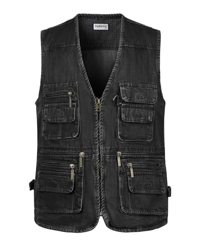 Yukirtiq Herren Angeln Weste ärmellos Freizeit Jagd Herrenwesten Sommer Trekking Wander Weste Reporterwesten Safari Weste mit Vielen Taschen, Jeans Schwarz, 3XL von Yukirtiq