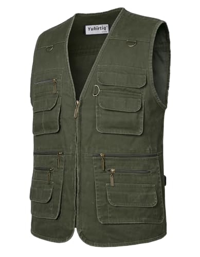 Yukirtiq Herren Angeln Weste ärmellos Freizeit Jagd Herrenwesten Sommer Trekking Wander Weste Reporterwesten Safari Weste mit Vielen Taschen, Grün, M von Yukirtiq
