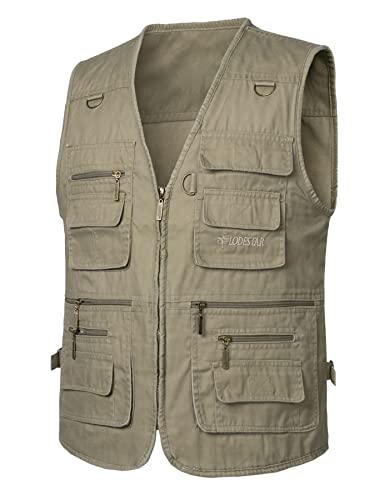 Yukirtiq Herren Angeln Weste ärmellos Freizeit Jagd Herrenwesten Sommer Trekking Wander Weste Reporterwesten Safari Weste mit Vielen Taschen, Khaki, L von Yukirtiq