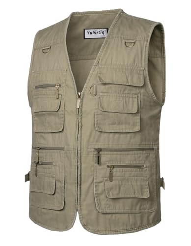 Yukirtiq Herren Angeln Weste ärmellos Freizeit Jagd Herrenwesten Sommer Trekking Wander Weste Reporterwesten Safari Weste mit Vielen Taschen, Khaki, XL von Yukirtiq