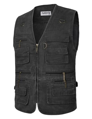 Yukirtiq Herren Angeln Weste ärmellos Freizeit Jagd Herrenwesten Sommer Trekking Wander Weste Reporterwesten Safari Weste mit Vielen Taschen, Schwarz, 4XL von Yukirtiq