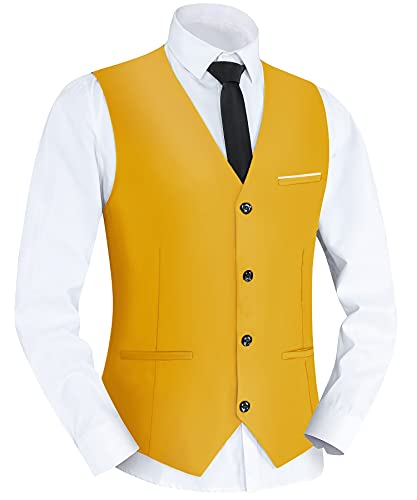 Yukirtiq Herren Anzugweste Slim fit V-Ausschnitt Ärmellose Gilet Business Hochzeit Anzug Westen Formale Klassische Herrenwesten mit 5 Knöpfen (Gelb, 3XL) von Yukirtiq