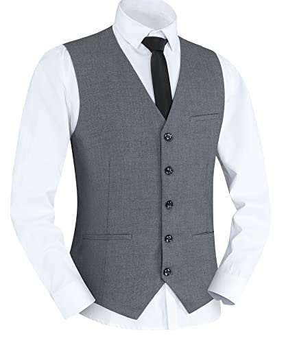 Yukirtiq Herren Anzugweste Slim fit V-Ausschnitt Ärmellose Gilet Business Hochzeit Anzug Westen Formale Klassische Herrenwesten mit 5 Knöpfen (Grau, XXL) von Yukirtiq