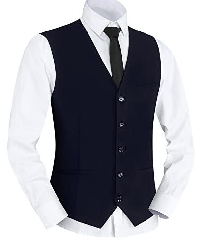 Yukirtiq Herren Anzugweste Slim fit V-Ausschnitt Ärmellose Gilet Business Hochzeit Anzug Westen Formale Klassische Herrenwesten mit 5 Knöpfen (Navy Blau, 3XL) von Yukirtiq