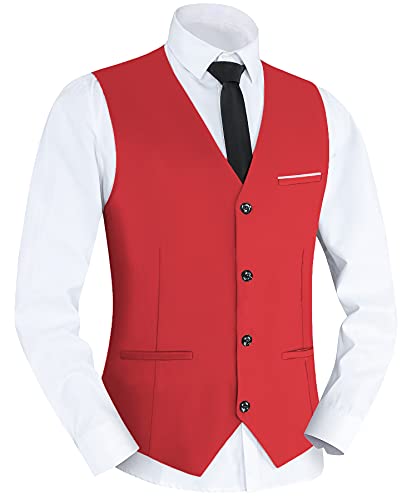 Yukirtiq Herren Anzugweste Slim fit V-Ausschnitt Ärmellose Gilet Business Hochzeit Anzug Westen Formale Klassische Herrenwesten mit 5 Knöpfen (Rot, 3XL) von Yukirtiq