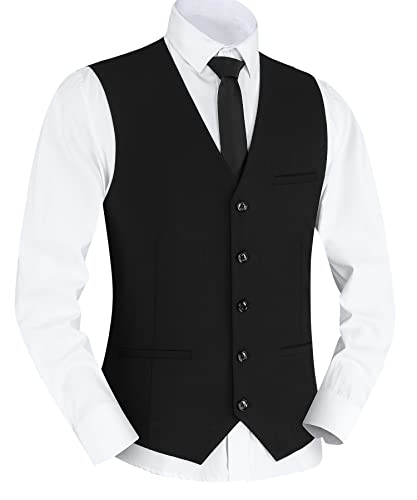 Yukirtiq Herren Anzugweste Slim fit V-Ausschnitt Ärmellose Gilet Business Hochzeit Anzug Westen Formale Klassische Herrenwesten mit 5 Knöpfen (Schwarz, XS) von Yukirtiq