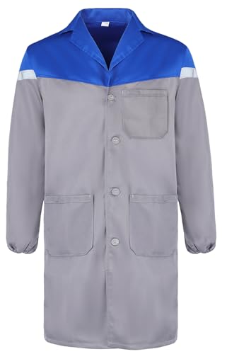 Yukirtiq Herren Arbeitsjacke Arbeitskittel Mechanisch Arbeitskleidung Warenhaus Berufsmantel Werkstatt Mantel Arbeitsmantel Lange Jacke, Grau+Blau, L von Yukirtiq