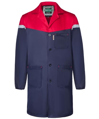 Yukirtiq Herren Arbeitsjacke Arbeitskittel Mechanisch Arbeitskleidung Warenhaus Berufsmantel Werkstatt Mantel Arbeitsmantel Lange Jacke, Navy Blau+Rot, XXL von Yukirtiq
