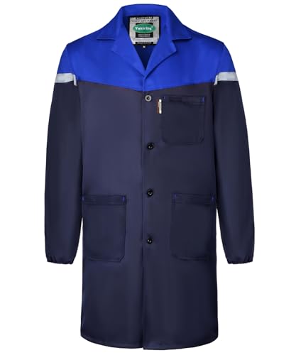 Yukirtiq Herren Arbeitsjacke Arbeitskittel Mechanisch Arbeitskleidung Warenhaus Berufsmantel Werkstatt Mantel Arbeitsmantel Lange Jacke, Navy Blau+Royalblau, L von Yukirtiq