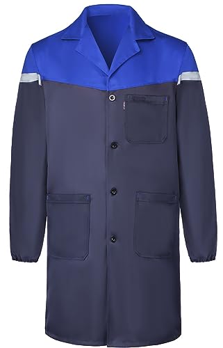 Yukirtiq Herren Arbeitsjacke mit Vielen Taschen Mantel Mechanisch Arbeitskleidung Warenhaus Werkstatt Arbeitsmantel Lange Jacke, A-Marineblau+Royalblau, S von Yukirtiq