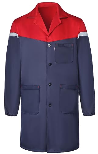 Yukirtiq Herren Arbeitsjacke Arbeitskittel Mechanisch Arbeitskleidung Warenhaus Berufsmantel Werkstatt Mantel Arbeitsmantel Lange Jacke, Navy Blau+Rot, L von Yukirtiq