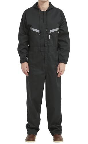 Yukirtiq Herren Arbeitsoverall Reflektierendes Band Arbeitsanzug Overall Arbeitskleidung Handwerker Anzug Arbeitskombi mit Kapuze und Vielen Taschen, Schwarz, L von Yukirtiq