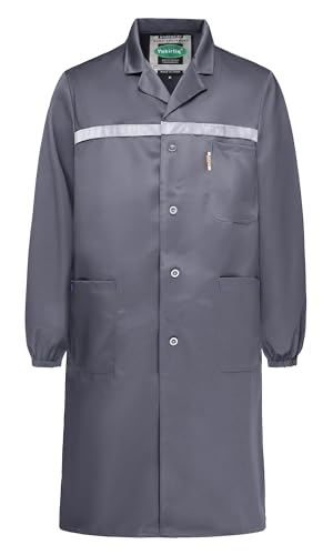 Yukirtiq Herren Arbeitsmantel mit Vielen Taschen Lange Jacke Berufsmantel Labormantel mit Reflektierende Elemente Arbeitsjacke Werkstatt Arbeitskittel, Grau, XL von Yukirtiq