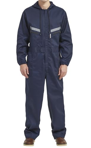 Yukirtiq Herren Arbeitsoverall Reflektierendes Band Arbeitsanzug Overall Arbeitskleidung Handwerker Anzug Arbeitskombi mit Kapuze und Vielen Taschen, Navy Blau, L von Yukirtiq