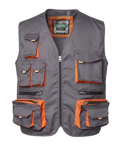 Yukirtiq Herren Arbeitsweste Montageweste Handwerker Weste mit mehreren Taschen Ärmellos Arbeitsjacke Arbeitskleidung Outdoor Weste Funktionsweste Arbeitswesten, Grau, M von Yukirtiq