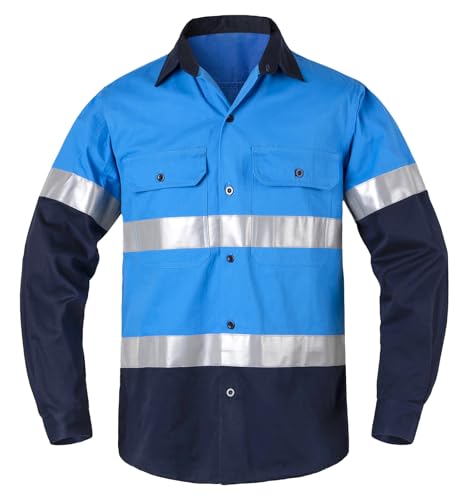 Yukirtiq Herren Button-Down-Arbeitshemd Reflektierendes Band Langarmshirts Arbeitsjacke Atmungsaktiv Leicht Arbeitskleidung Hemden Langarm Arbeitshirts, Blau, M von Yukirtiq