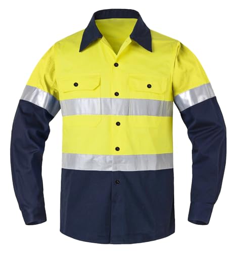 Yukirtiq Herren Button-Down-Arbeitshemd Reflektierendes Band Langarmshirts Arbeitsjacke Atmungsaktiv Leicht Arbeitskleidung Hemden Langarm Arbeitshirts, Gelb, M von Yukirtiq