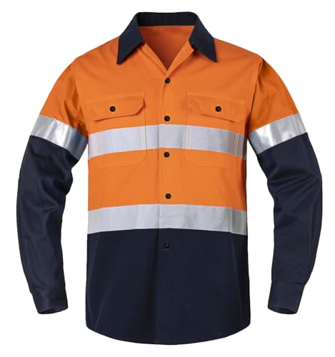 Yukirtiq Herren Button-Down-Arbeitshemd Reflektierendes Band Langarmshirts Arbeitsjacke Atmungsaktiv Leicht Arbeitskleidung Hemden Langarm Arbeitshirts, Orange, S von Yukirtiq