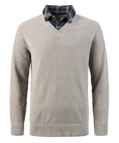 Yukirtiq Herren Chenille Strickwaren Feinstrick Pullover 2 in 1 Hemd Kragen Strickpullover mit Hemdkragen Mock Hemd Einsatz für Männer, Beige, XL von Yukirtiq