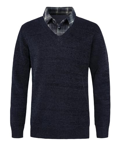 Yukirtiq Herren Chenille Strickwaren Feinstrick Pullover 2 in 1 Hemd Kragen Strickpullover mit Hemdkragen Mock Hemd Einsatz für Männer, Navy Blau, XXL von Yukirtiq