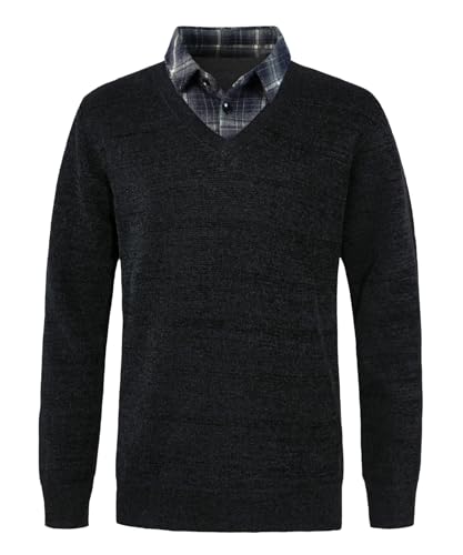 Yukirtiq Herren Chenille Strickwaren Feinstrick Pullover 2 in 1 Hemd Kragen Strickpullover mit Hemdkragen Mock Hemd Einsatz für Männer, Schwarz, L von Yukirtiq