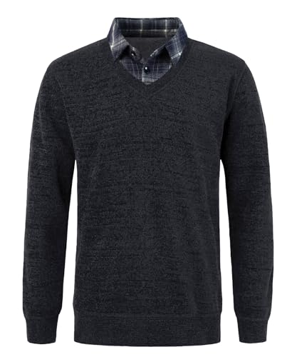 Yukirtiq Herren Chenille Strickwaren Feinstrick Pullover 2 in 1 Hemd Kragen Strickpullover mit Hemdkragen Mock Hemd Einsatz für Männer, Grau, L von Yukirtiq