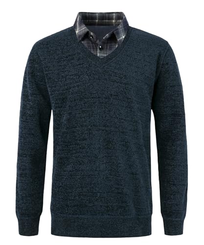Yukirtiq Herren Chenille Strickwaren Feinstrick Pullover 2 in 1 Hemd Kragen Strickpullover mit Hemdkragen Mock Hemd Einsatz für Männer, Grün, L von Yukirtiq