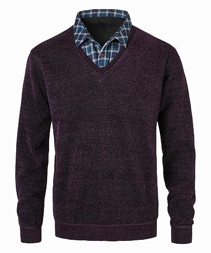 Yukirtiq Herren Chenille Strickwaren Feinstrick Pullover 2 in 1 Hemd Kragen Strickpullover mit Hemdkragen Mock Hemd Einsatz für Männer, Violett, L von Yukirtiq