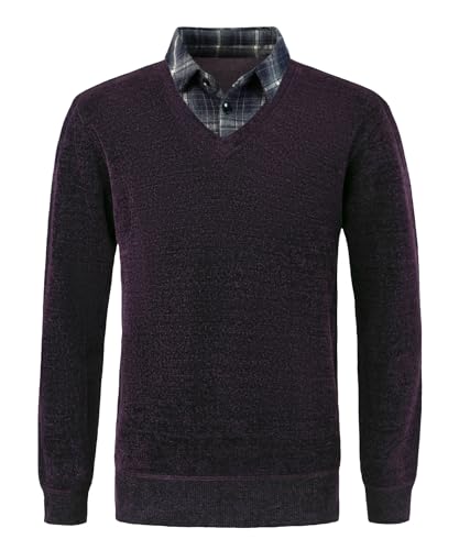 Yukirtiq Herren Chenille Strickwaren Feinstrick Pullover 2 in 1 Hemd Kragen Strickpullover mit Hemdkragen Mock Hemd Einsatz für Männer, Violett, L von Yukirtiq