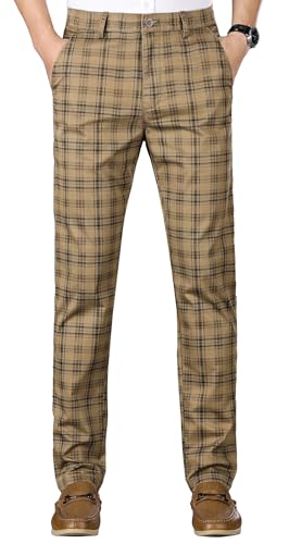 Yukirtiq Herren Chinohose Kariert Hose Business Freizeithose Slim fit Chino mit Stretchhose Stoffhose für Männer, Dunkel Khaki, 32 von Yukirtiq