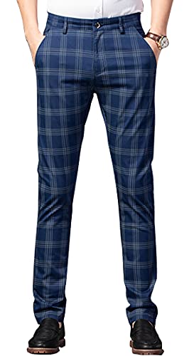 Yukirtiq Herren Chinohose Kariert Hose Business Freizeithose Slim fit Chino mit Stretchhose Stoffhose für Männer, Blau, 30 von Yukirtiq