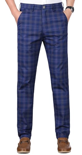 Yukirtiq Herren Chinohose Kariert Hose Business Freizeithose Slim fit Chino mit Stretchhose Stoffhose für Männer, Blau, 36 von Yukirtiq